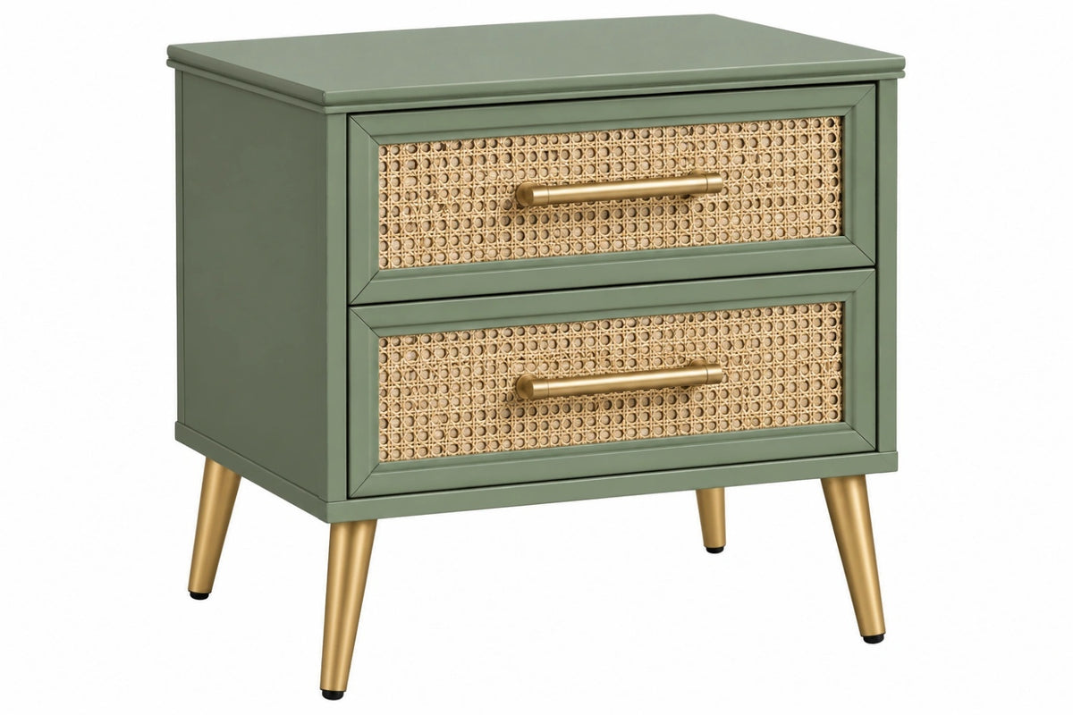 Comodino 55 x 40 x 60 cm verde salvia in legno con rattan - 2 cassetti stile retrò