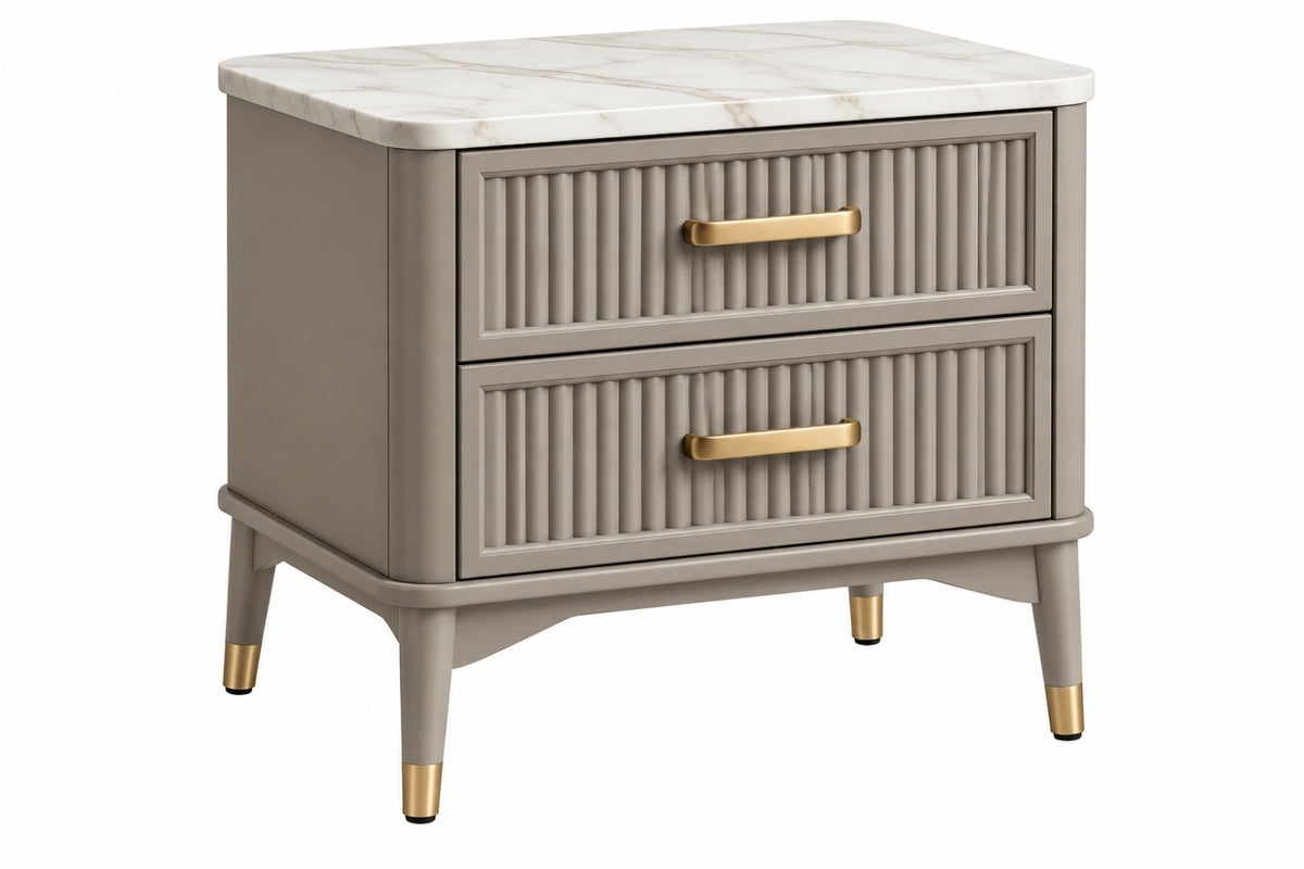 Comodino 50 x 40 x 60 cm in legno ingegnerizzato tortora con piano effetto marmo - 2 cassetti stile moderno