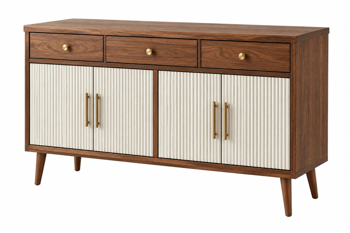 Credenza 160 cm in legno marrone e bianco con ante scanalate - stile moderno