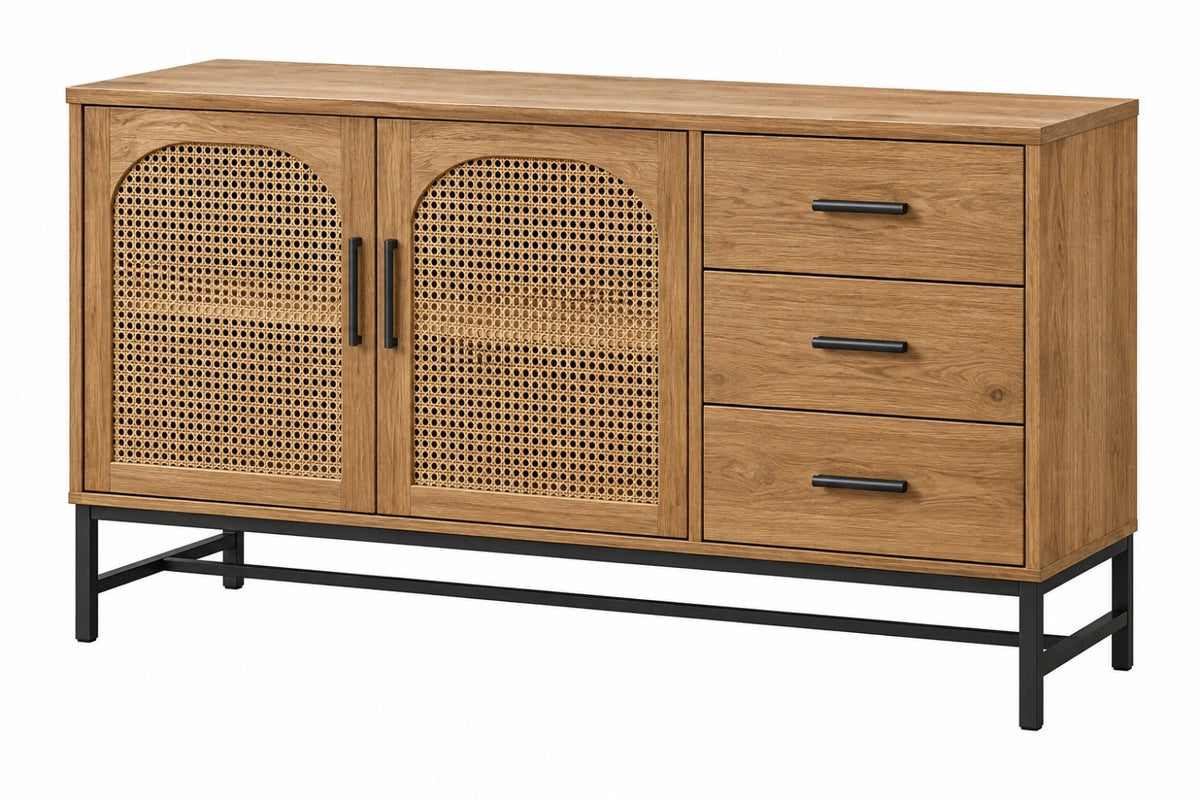 Credenza 160 x 40 x 85 cm in legno marrone con rattan e cassetti stile naturale
