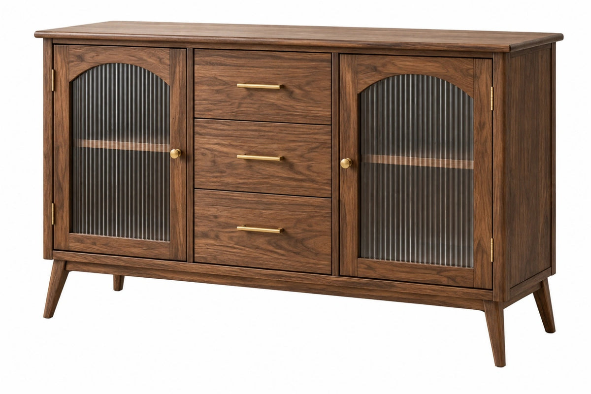 Credenza 160 x 45 x 90 cm in legno marrone con vetro rigato - stile retrò per soggiorno