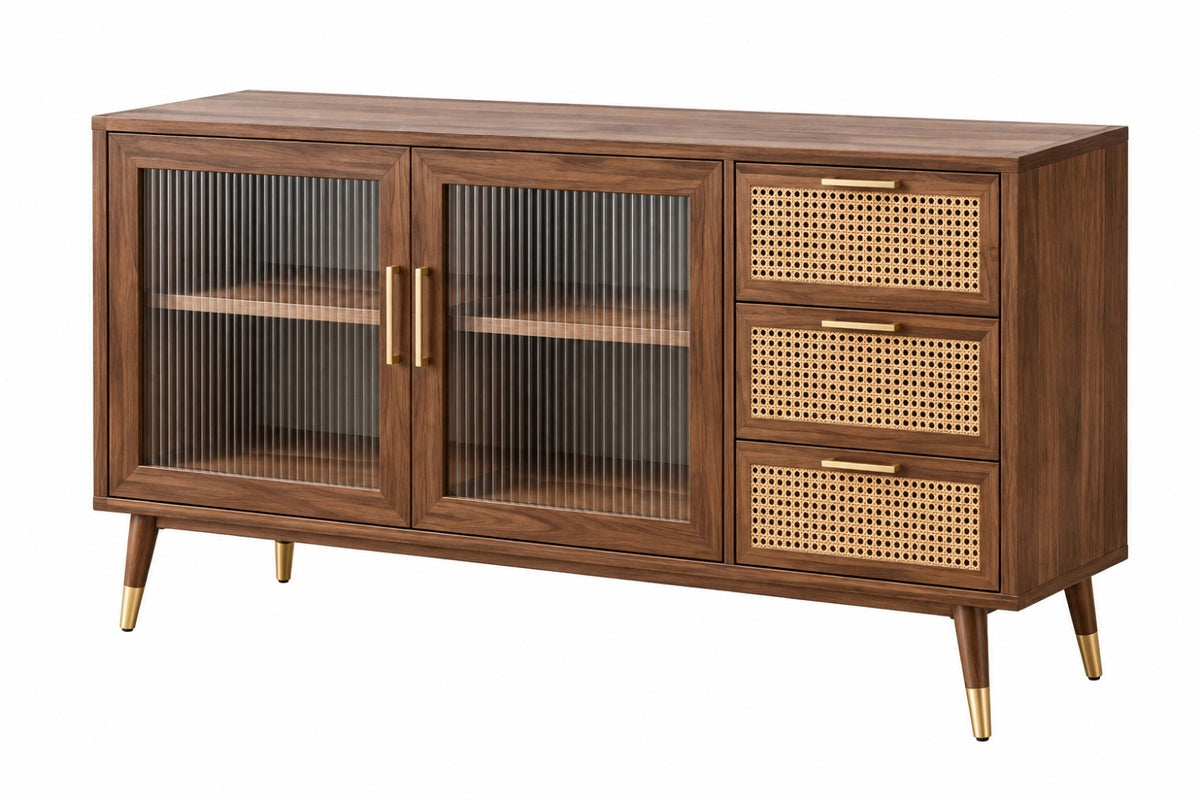 Credenza 160 x 40 x 85 cm in legno marrone con vetro scanalato e rattan - stile retrò