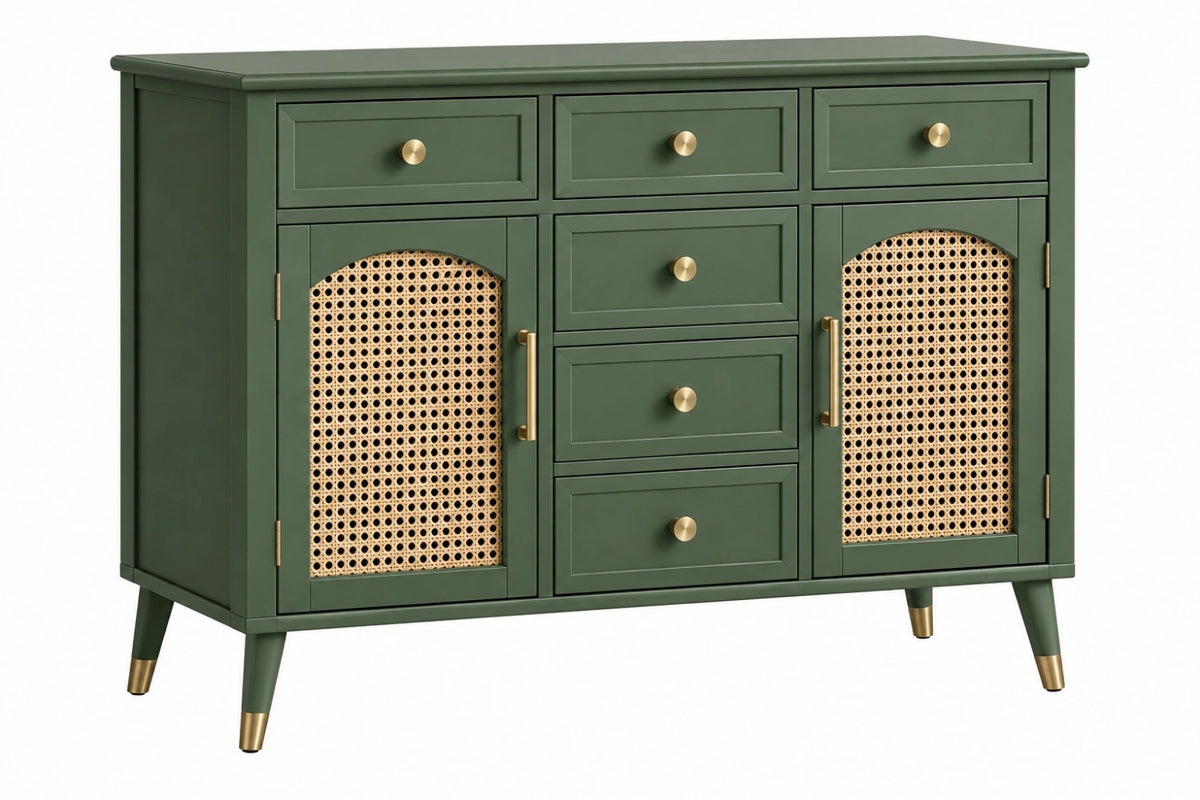 Credenza 120 x 40 x 85 cm in legno verde con ante in rattan - mobile contenitore con 6 cassetti