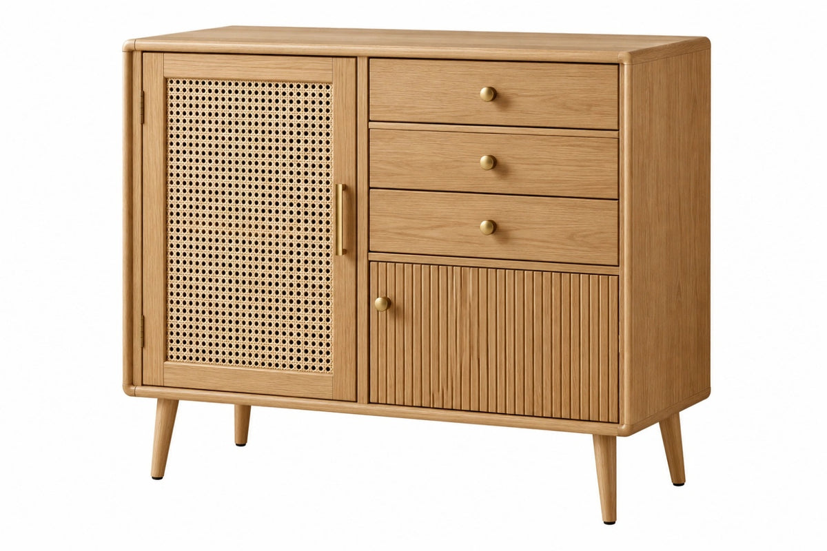 Credenza 120 x 40 x 90 cm in legno naturale e rattan - mobile contenitore stile retrò