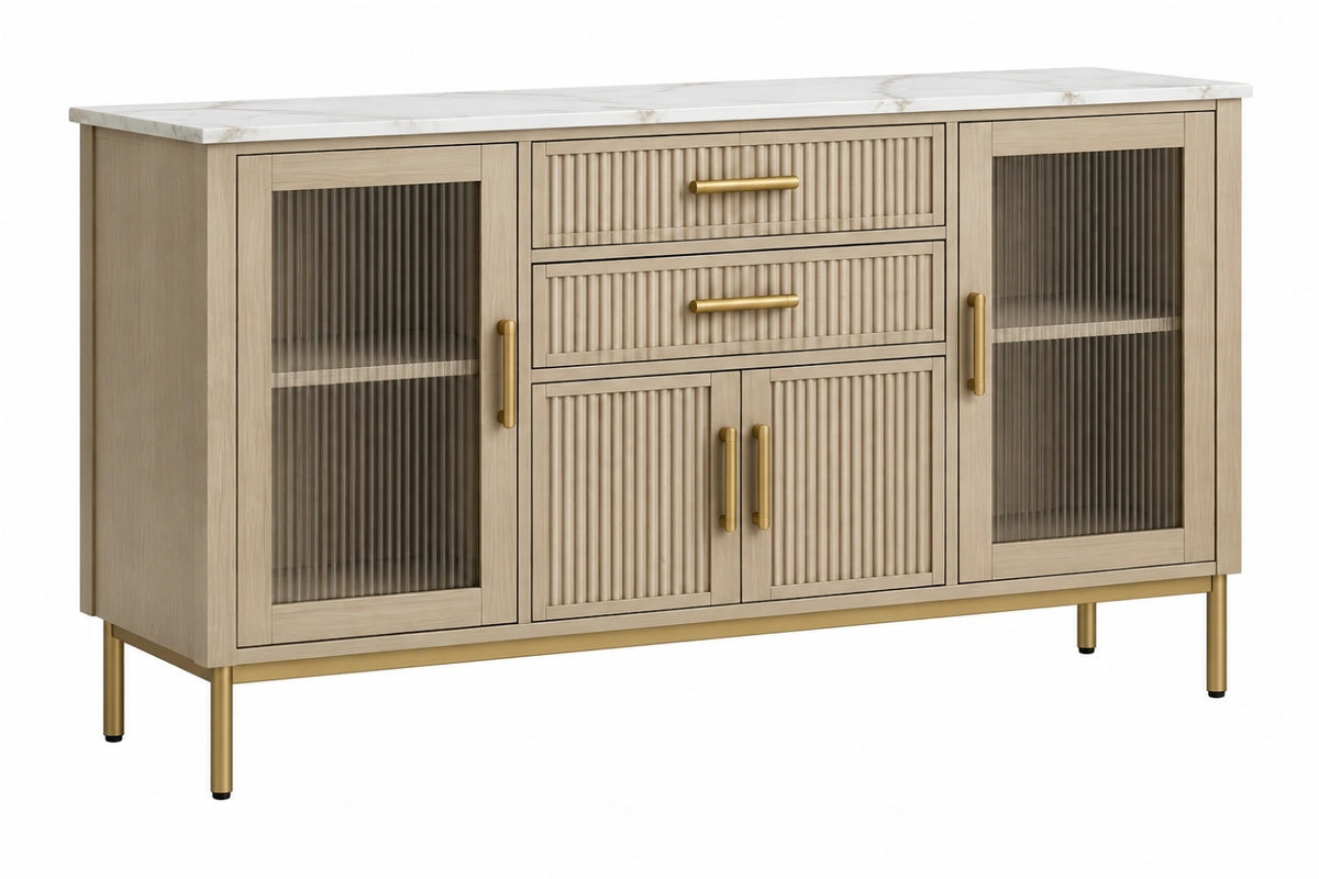 Credenza 160 x 40 x 90 cm in legno chiaro con vetro rigato e piano effetto marmo