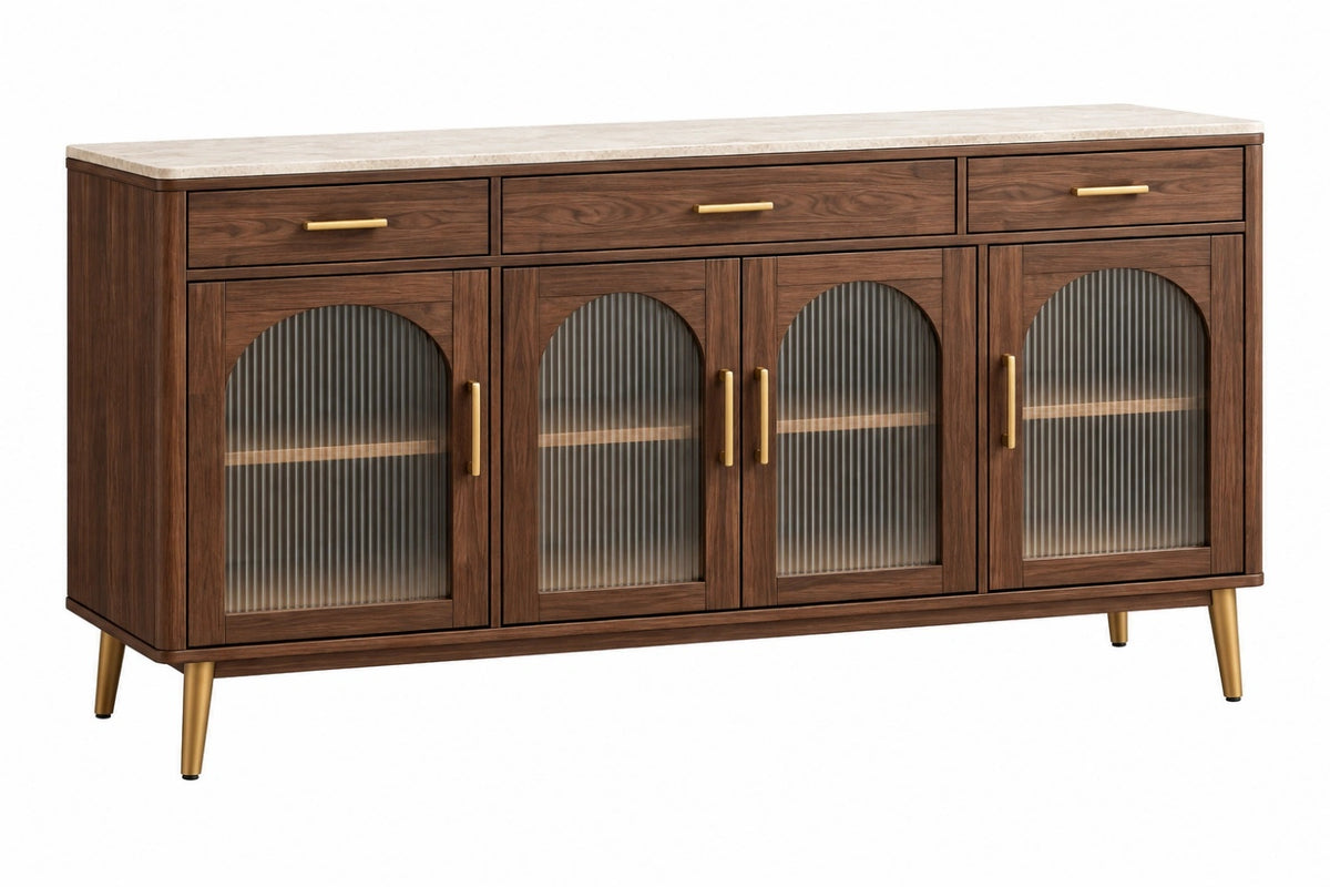 Credenza 180 x 45 x 90 cm in legno noce con ante in vetro rigato stile moderno