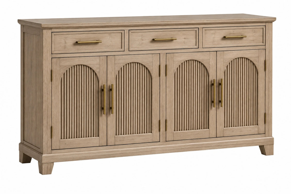 Credenza 180 x 45 x 95 cm in legno beige con 3 cassetti e 4 ante stile classico