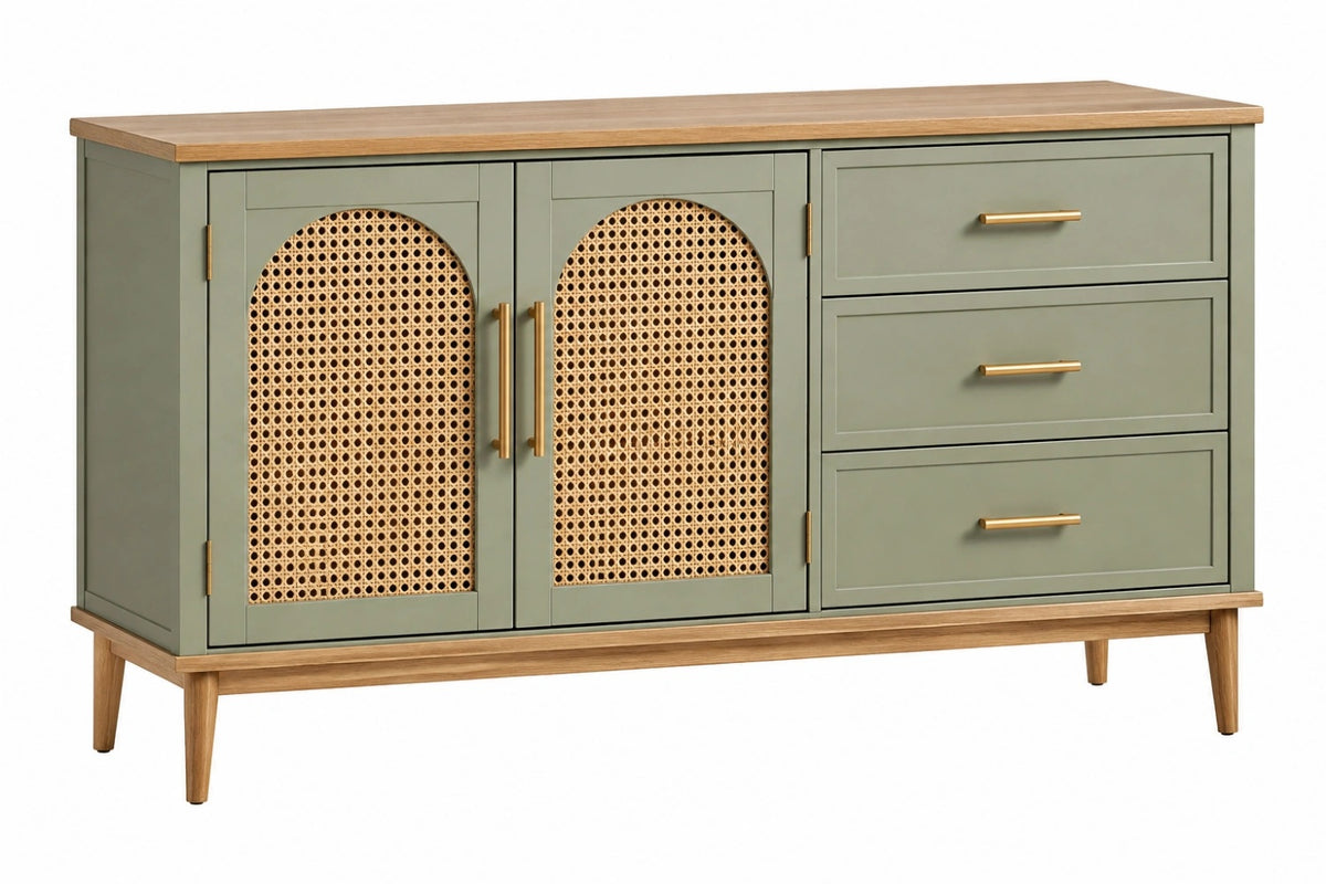 Credenza 150 x 40 x 85 cm in legno e rattan verde salvia - mobile contenitore stile rétro
