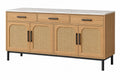 Credenza 160x40x85 cm in legno naturale con rattan e piano effetto marmo stile moderno