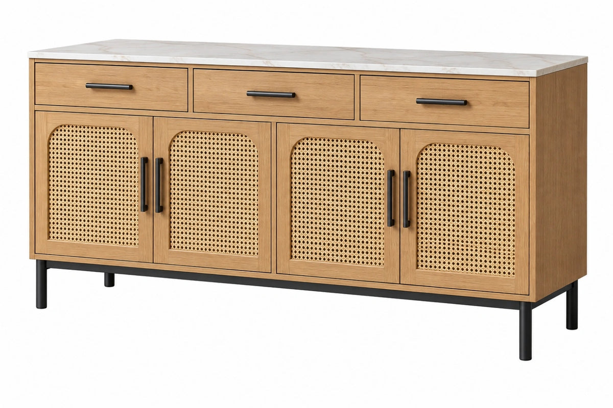 Credenza 160x40x85 cm in legno naturale con rattan e piano effetto marmo stile moderno