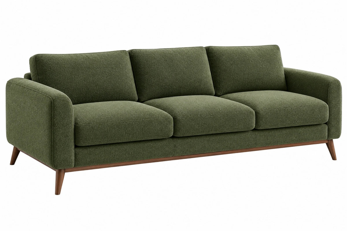 Divano 3 posti 220 x 90 x 85 cm in tessuto verde oliva con piedi in legno stile moderno