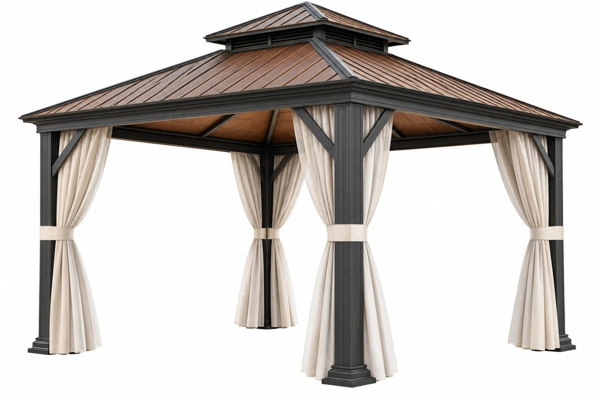 Gazebo da giardino 400 x 300 cm in metallo nero con tetto marrone e tende beige