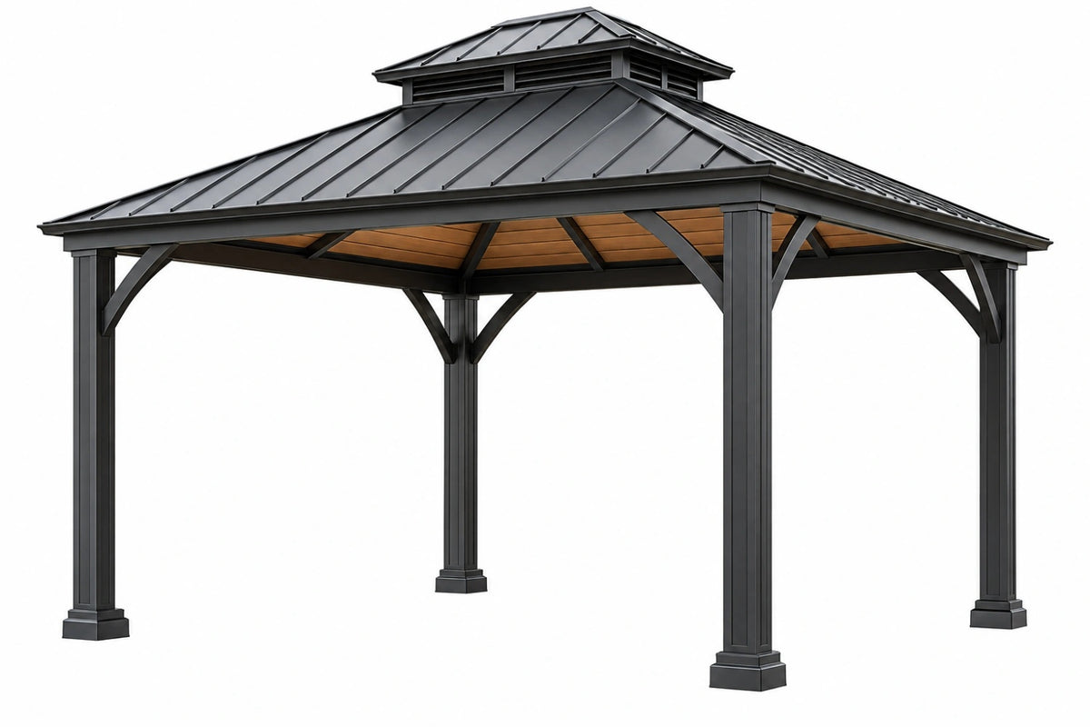 Gazebo da giardino 400 x 300 x 300 cm in metallo nero con tetto rigido ventilato