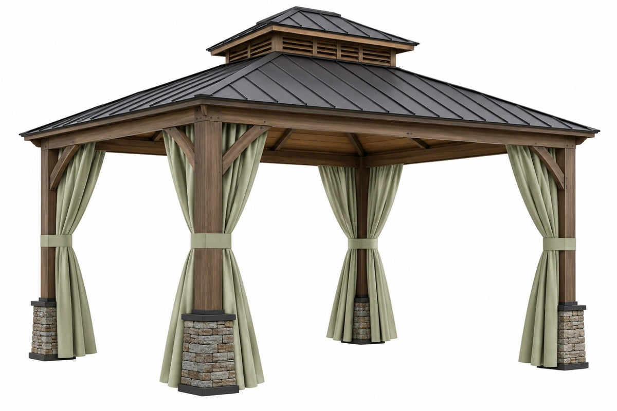 Gazebo da giardino 400 x 400 cm in legno marrone con tetto in metallo e tende verdi