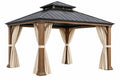 Gazebo 300 x 300 cm in legno marrone con tetto in metallo nero e tende beige - Copertura da giardino classica