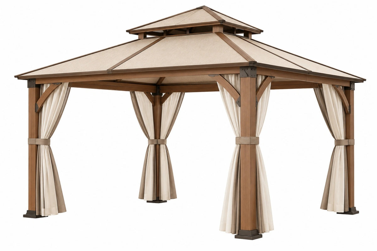 Gazebo da giardino 300 x 300 cm in legno marrone con tende beige - stile classico