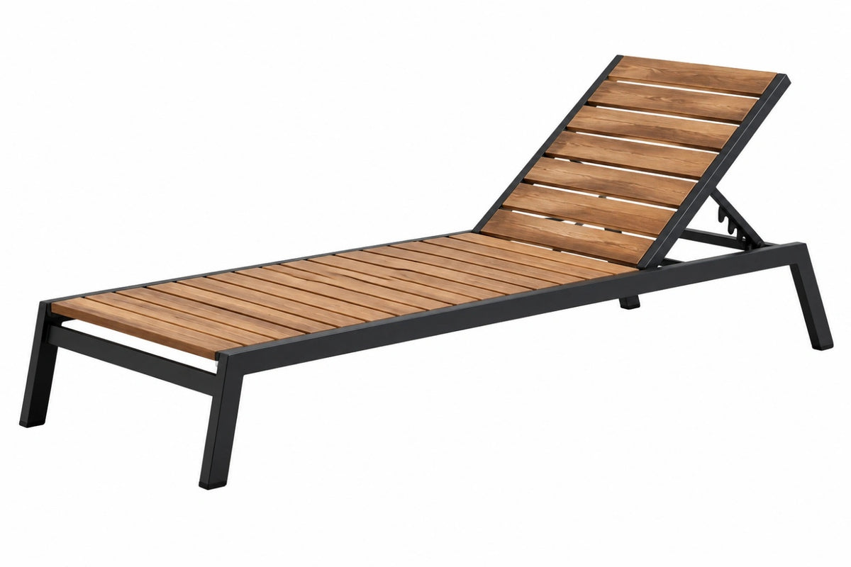 Lettino prendisole 200 x 65 x 30 cm in legno e metallo nero marrone con schienale regolabile