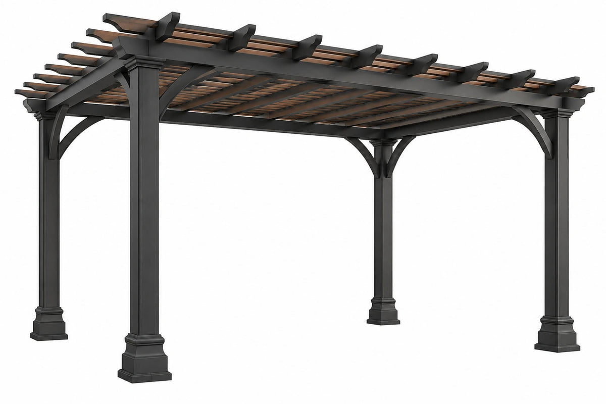 Pergola da giardino 400 x 300 x 250 cm in metallo nero e legno marrone - struttura a listelli per esterno