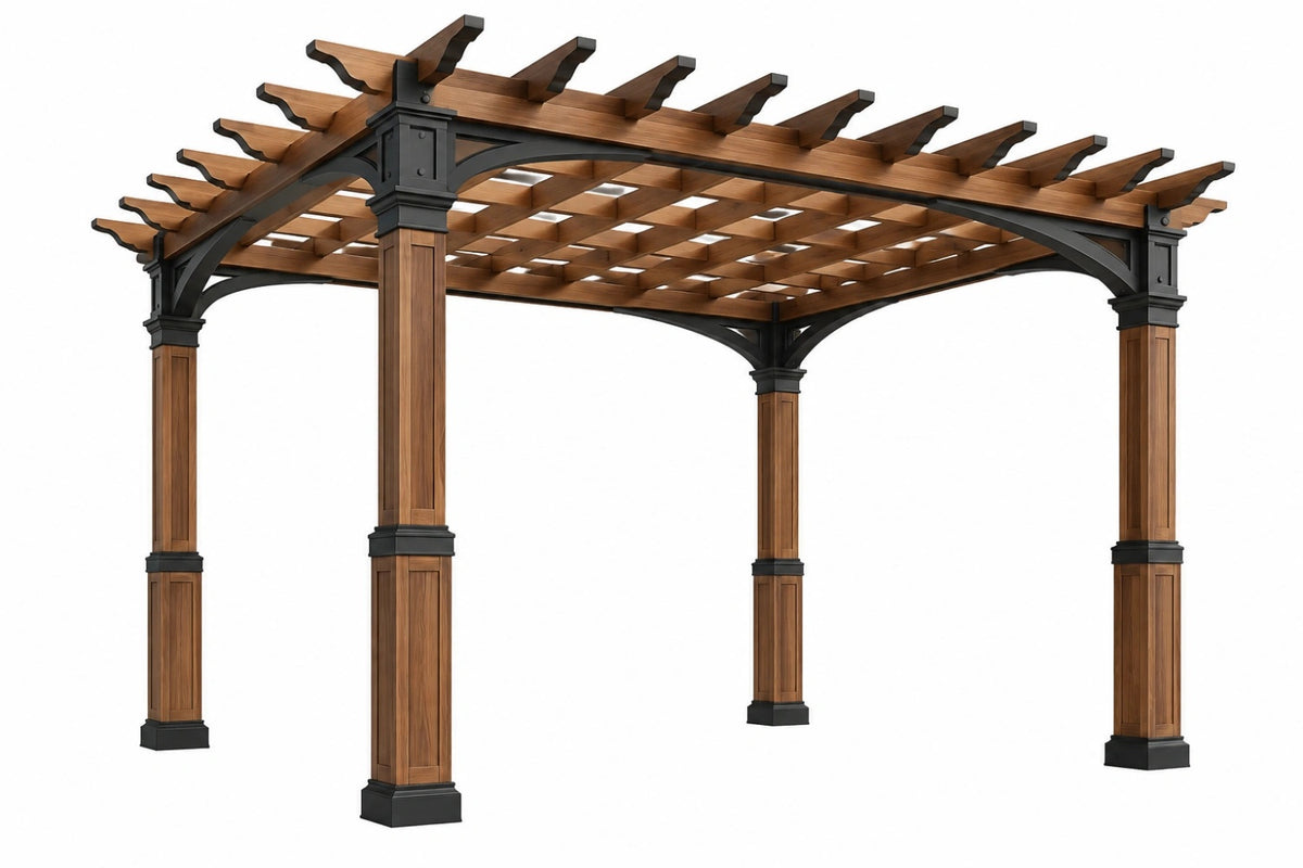 Pergola da giardino 360 x 360 x 250 cm in legno marrone e metallo nero - struttura a listelli