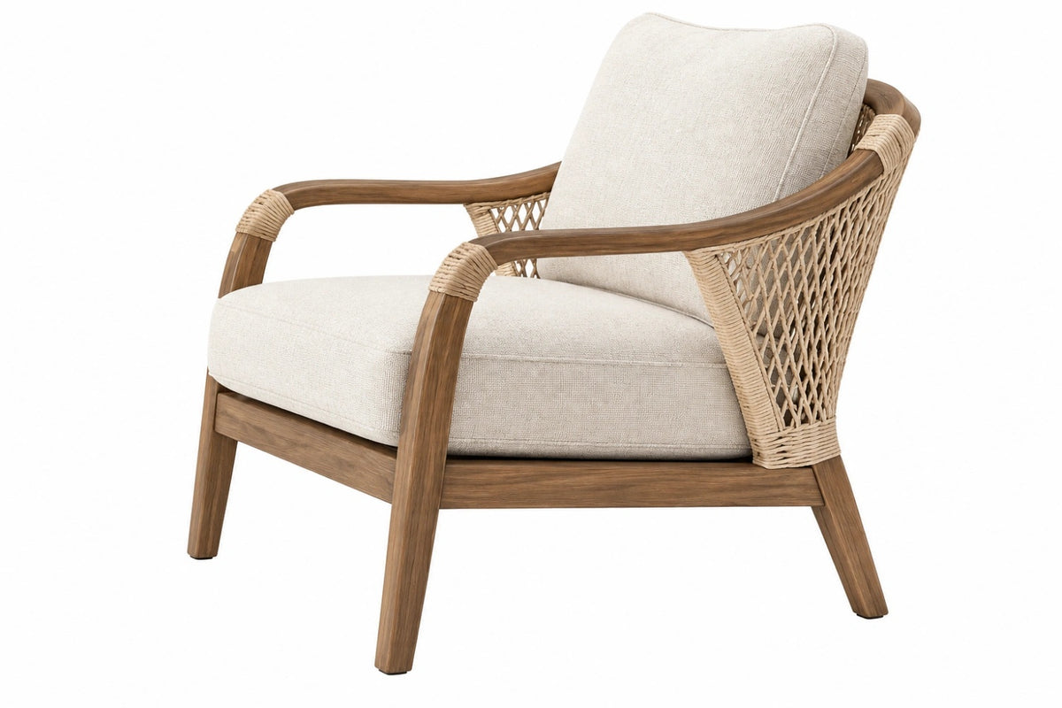 Poltrona 75 x 80 x 85 cm in legno marrone e corda naturale con rivestimento beige - stile boho