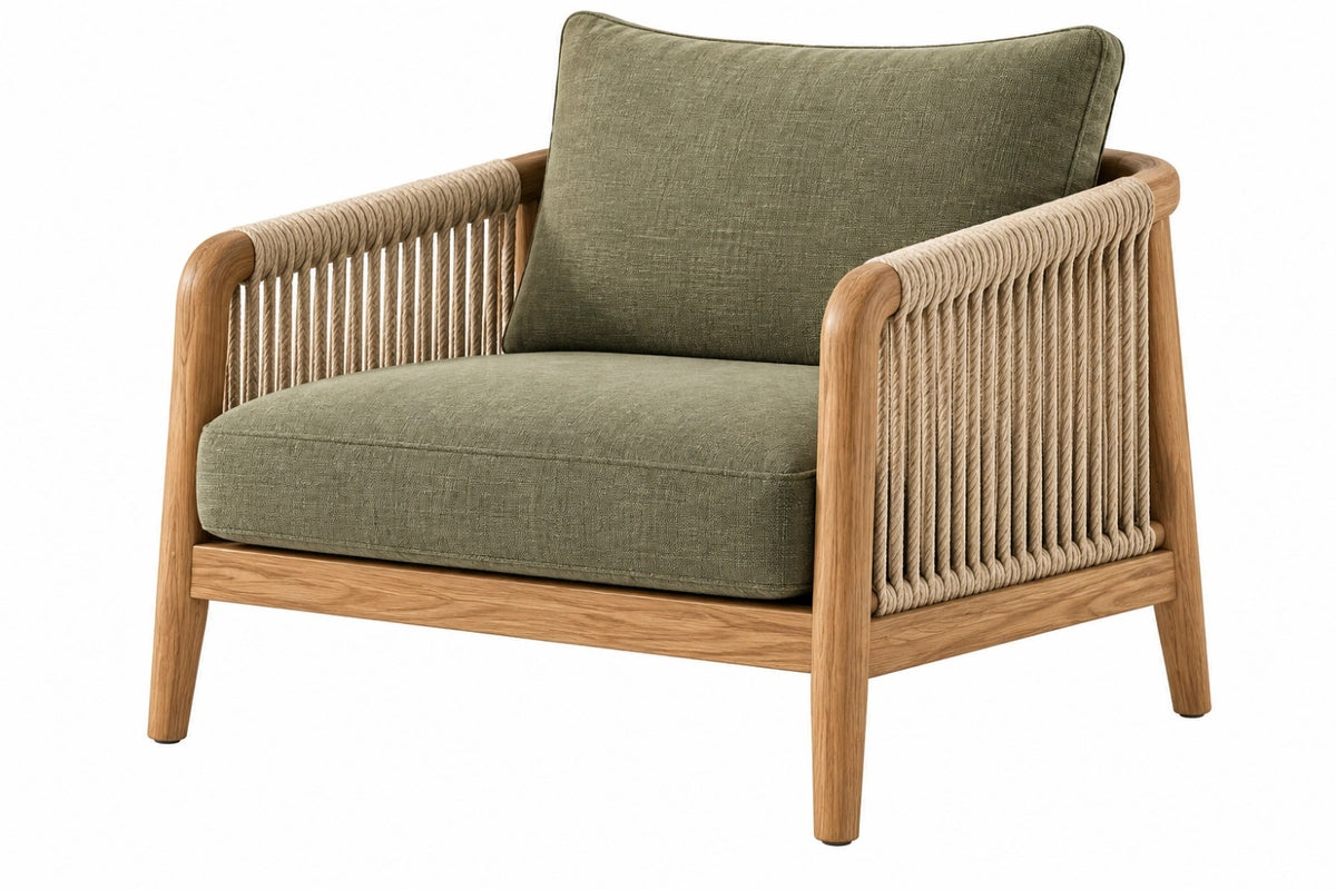 Poltrona 78 x 82 x 82 cm in legno e corda beige con seduta verde stile naturale