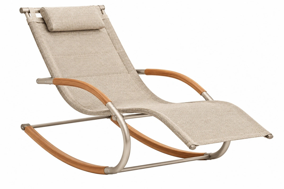Sedia a dondolo 150 x 65 x 95 cm in tessuto beige con struttura in metallo e legno