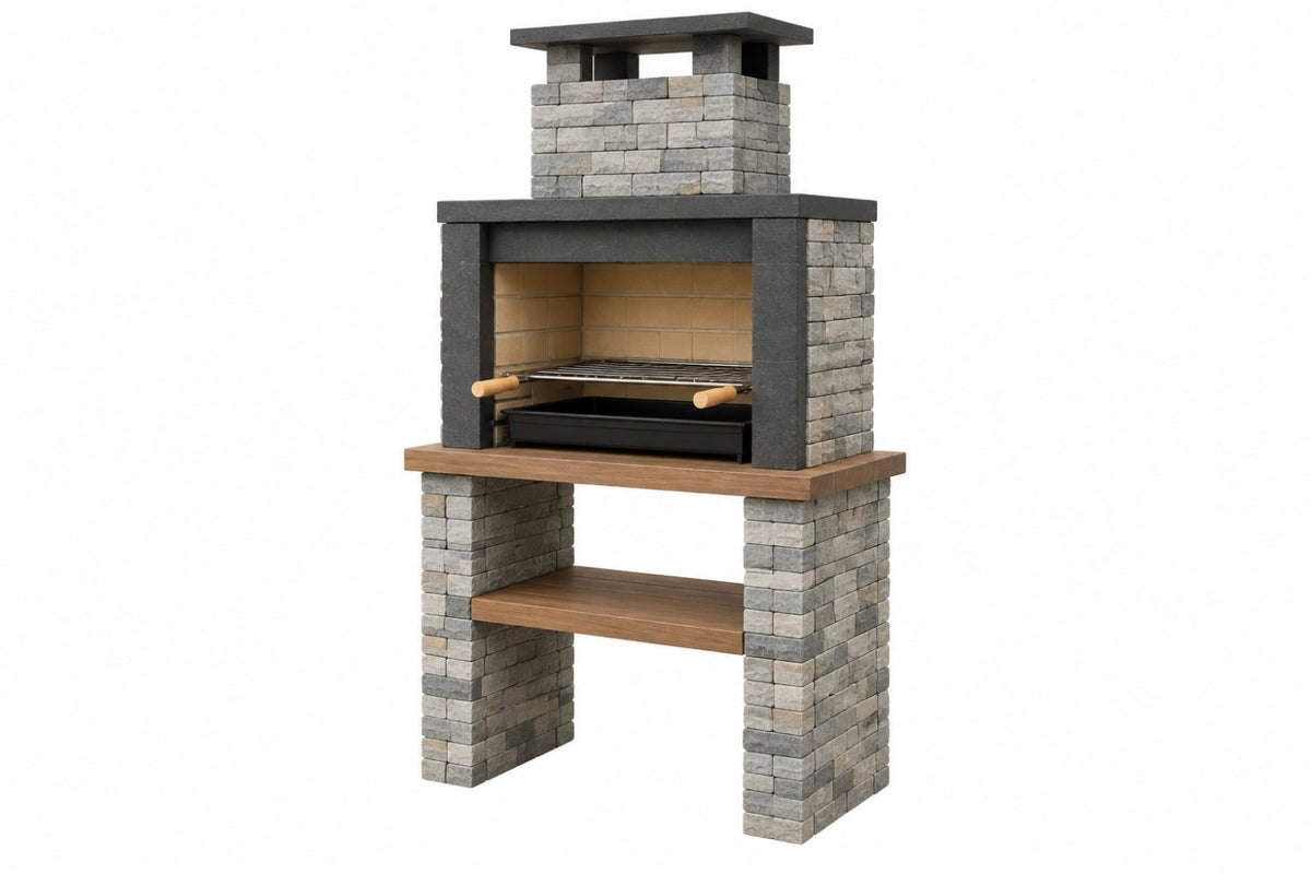 Barbecue in muratura 120 x 70 x 220 cm in pietra grigio antracite con griglia in acciaio per carbone stile rustico