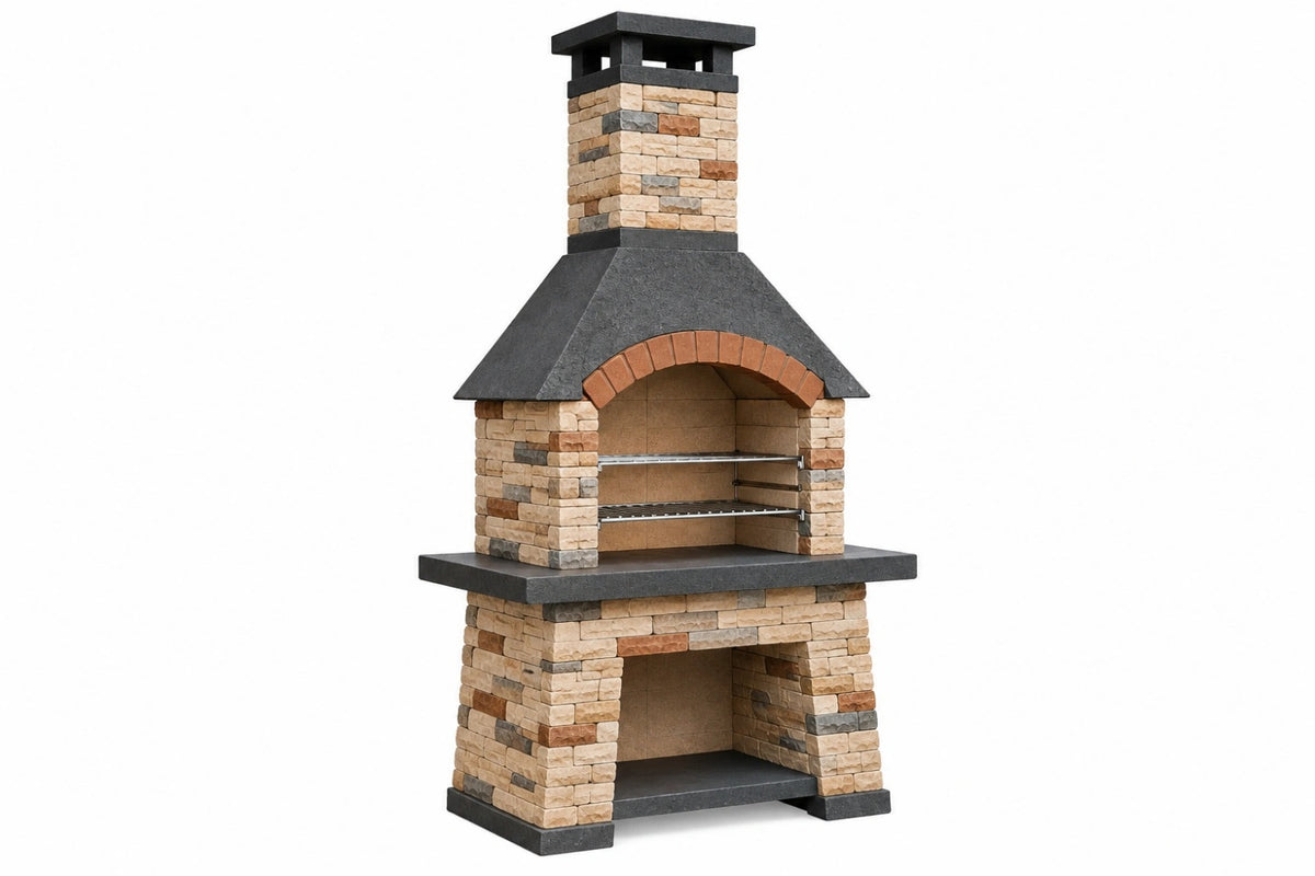 Barbecue da giardino 120 x 70 x 220 cm in pietra beige e grigio con griglia in acciaio stile rustico