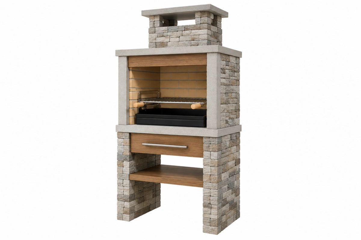 Barbecue da giardino 100 x 70 x 220 cm in pietra grigio beige con griglia e cappa rustico