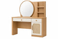 Toeletta 100 x 45 x 150 cm in legno naturale e bianco con specchio rotondo e contenitore