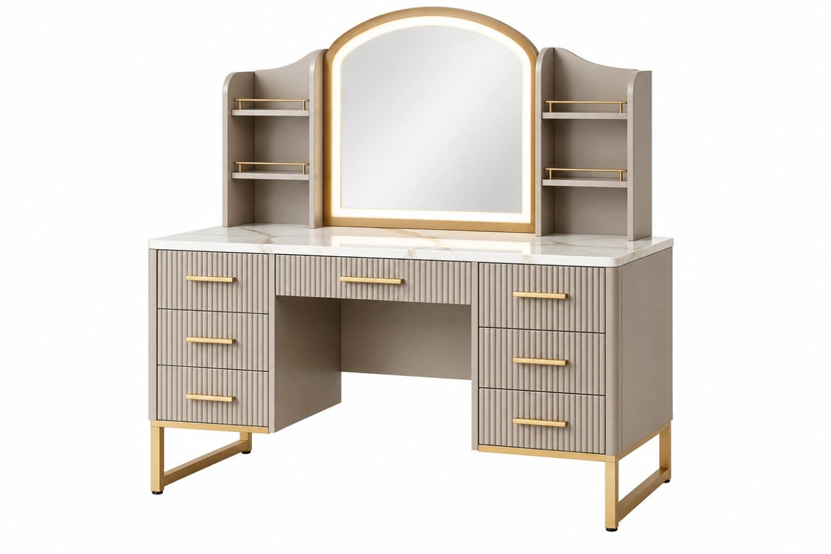 Tavolo da toeletta 140 x 50 x 160 cm in legno ingegnerizzato beige con specchio illuminato e cassetti stile moderno