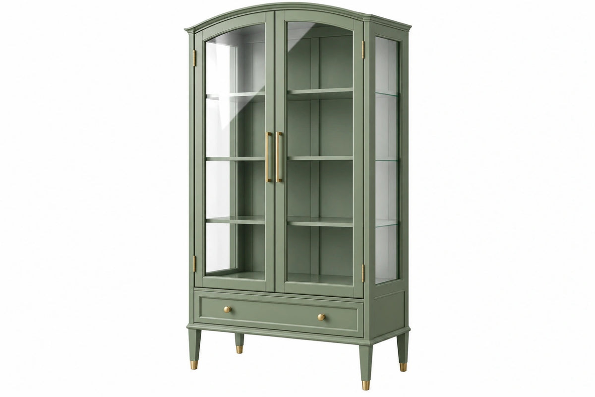 Vetrina 100 x 45 x 190 cm in legno verde con vetro e cassetto stile classico