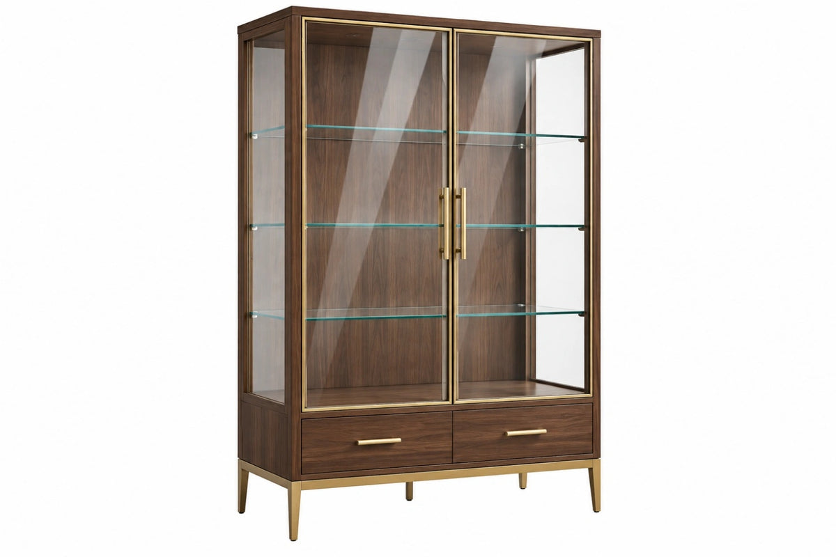 Vetrina 100 x 45 x 190 cm in legno marrone con vetro e dettagli dorati - stile moderno