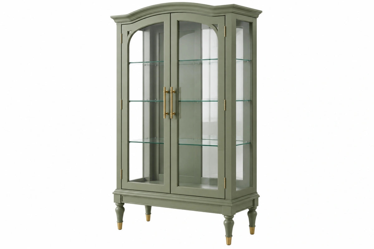 Vetrina 90 x 42 x 180 cm in legno verde salvia con ante in vetro stile classico