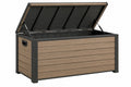 Cassapanca da esterno 120 x 60 x 63 cm in metallo e pannelli effetto legno marrone nero con coperchio sollevabile