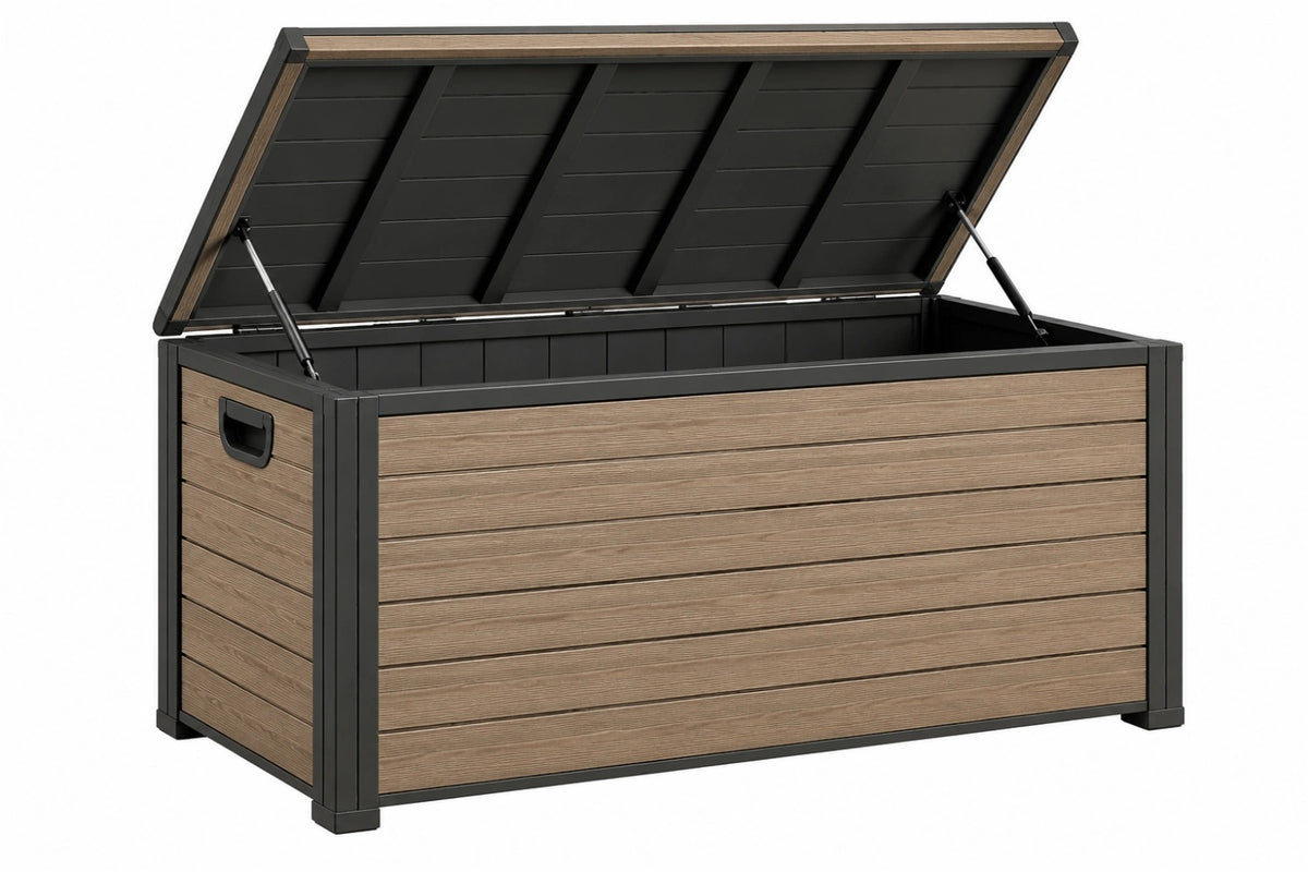 Cassapanca da esterno 120 x 60 x 63 cm in metallo e pannelli effetto legno marrone nero con coperchio sollevabile