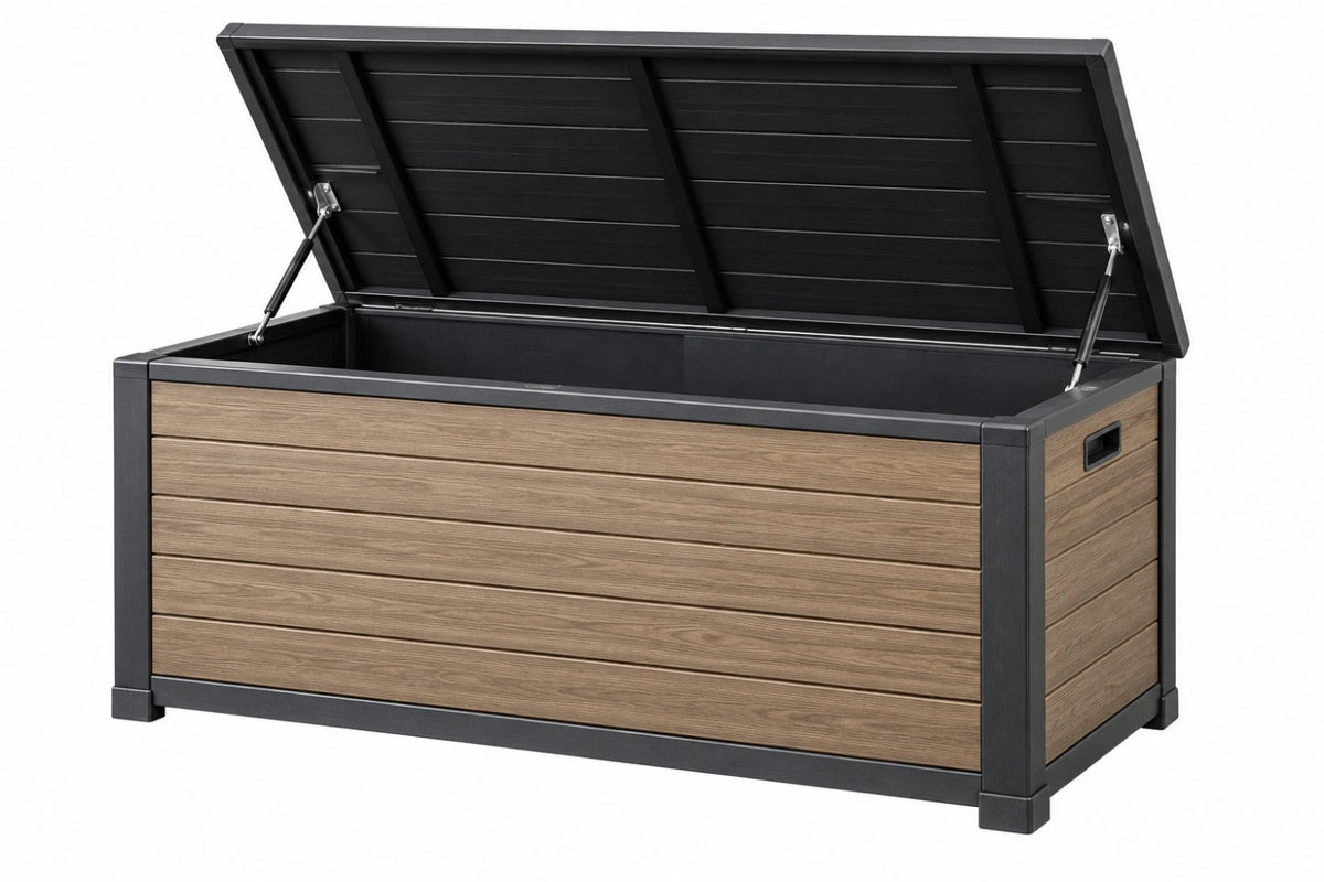 Cassapanca da esterno 120 x 60 x 63 cm in resina marrone e nero con coperchio sollevabile
