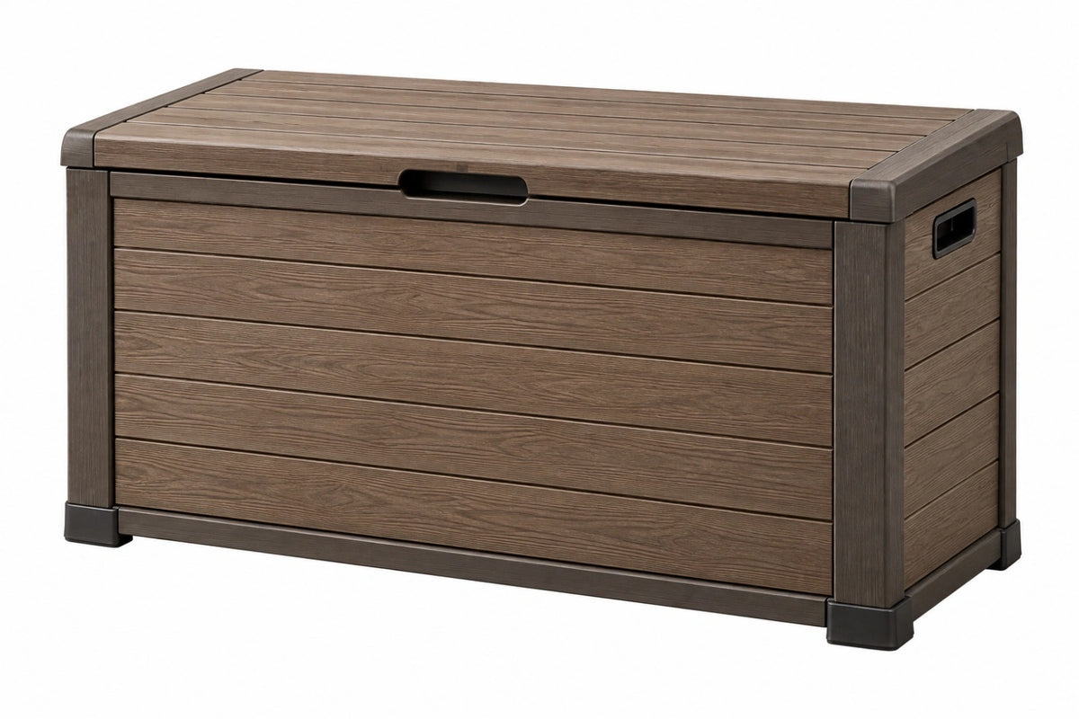 Cassapanca da esterno 145 x 70 x 60 cm in plastica marrone effetto legno con coperchio