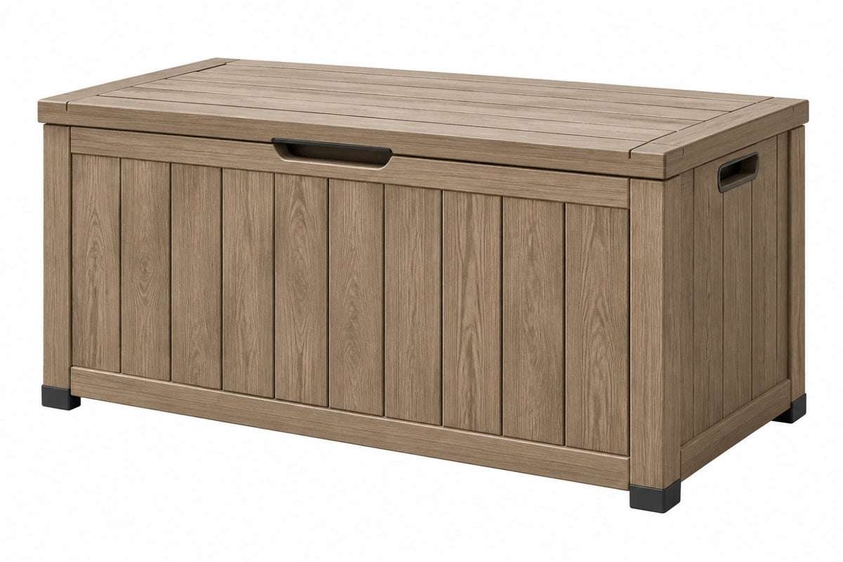 Cassapanca da esterno 130 x 70 x 75 cm in resina marrone effetto legno con coperchio contenitore