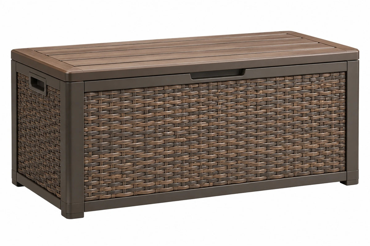 Cassapanca contenitore da esterno 120 x 60 x 63 cm in plastica marrone effetto rattan con coperchio