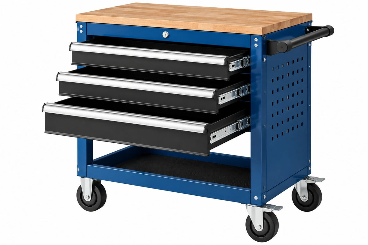 Carrello portautensili 85 x 46 x 95 cm in acciaio blu con piano in legno e 3 cassetti