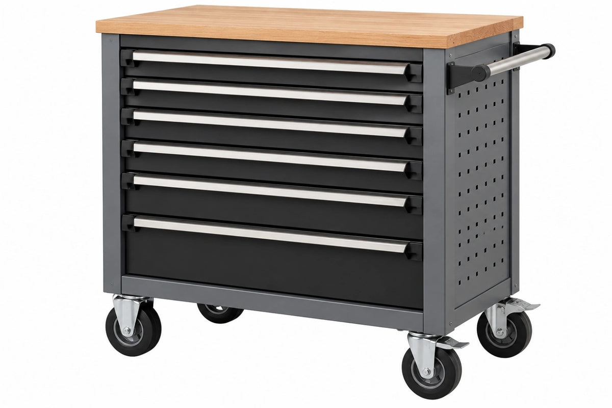 Carrello portautensili 122 x 46 x 95 cm in acciaio nero con piano in legno e 7 cassetti
