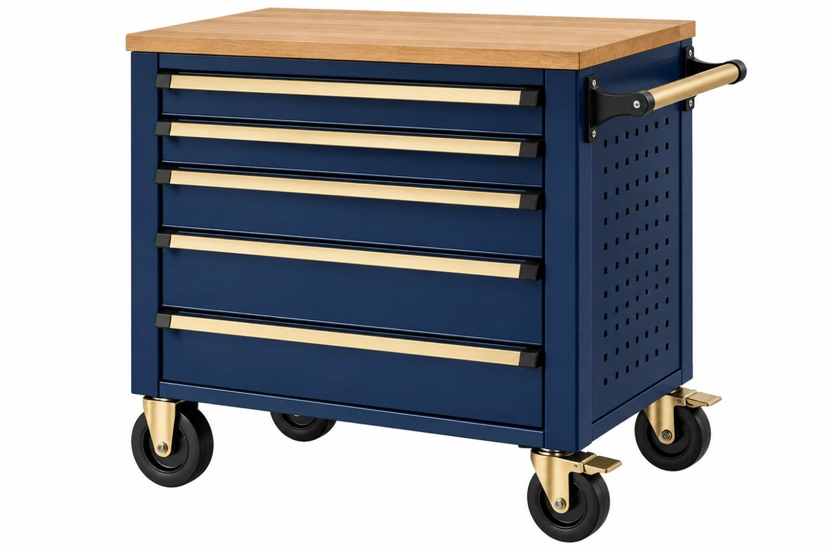 Carrello portautensili 77 x 46 x 96 cm in acciaio blu con piano in legno e 5 cassetti su ruote