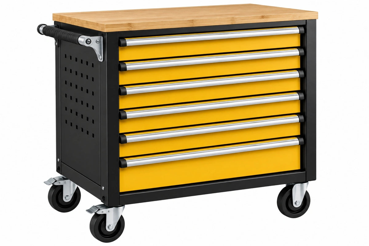 Carrello portautensili 77 x 46 x 95 cm in acciaio nero e giallo con piano in legno e 7 cassetti