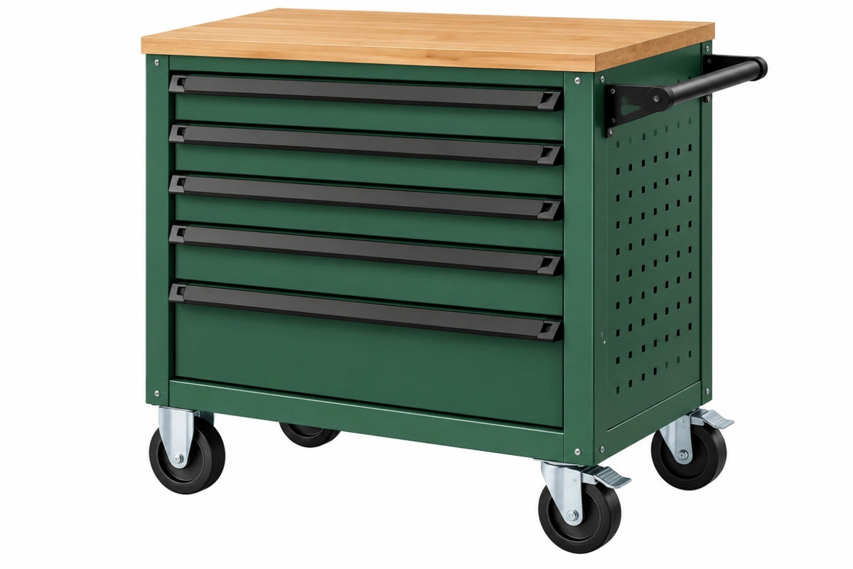 Carrello portautensili 77 x 46 x 91 cm in acciaio verde con piano in legno e 6 cassetti