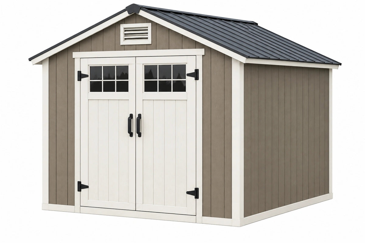 Casetta da giardino 240 x 180 x 220 cm in resina grigio tortora con doppia porta e tetto spiovente
