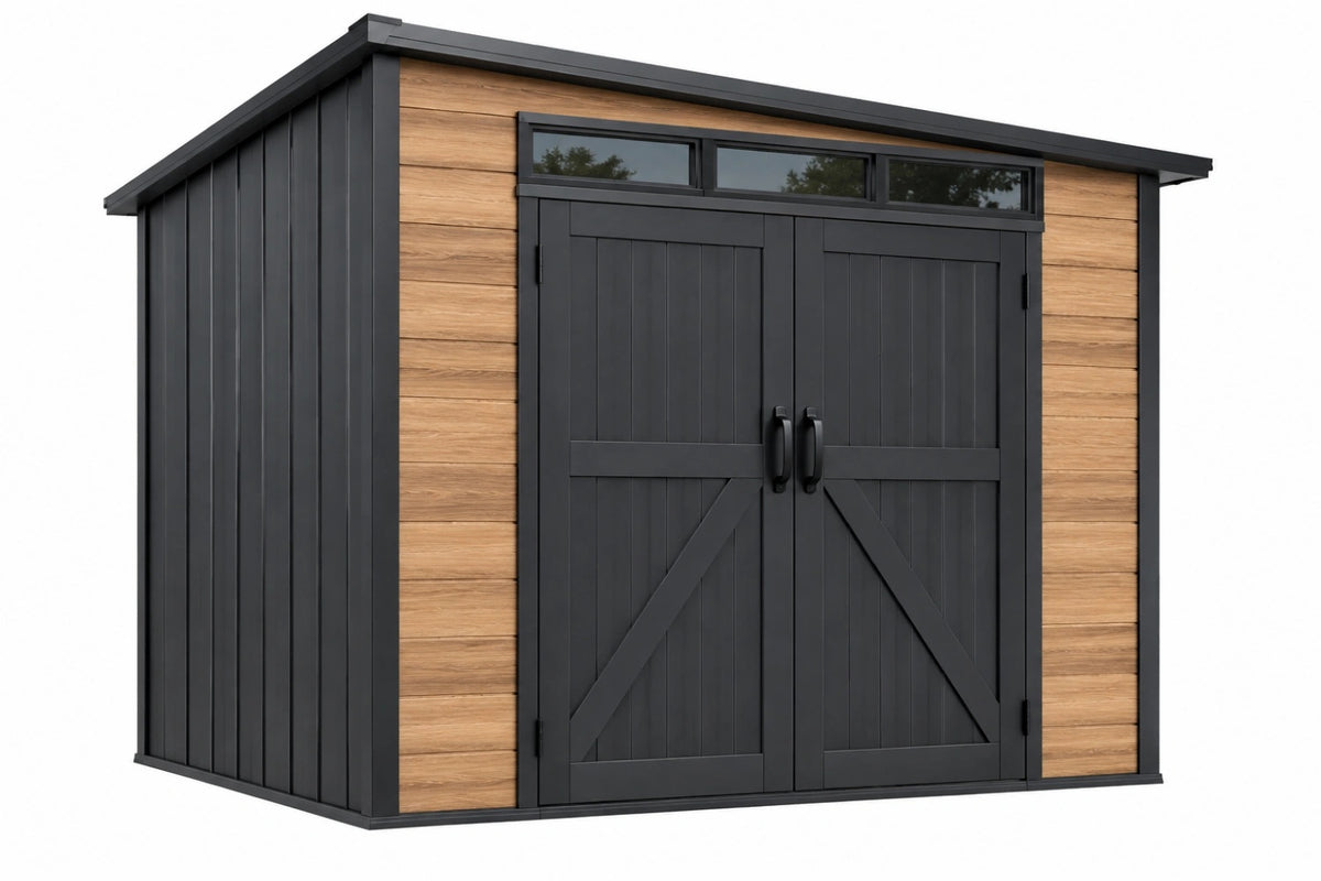 Casetta da giardino 210 x 120 x 200 cm in metallo nero e marrone effetto legno con doppia porta