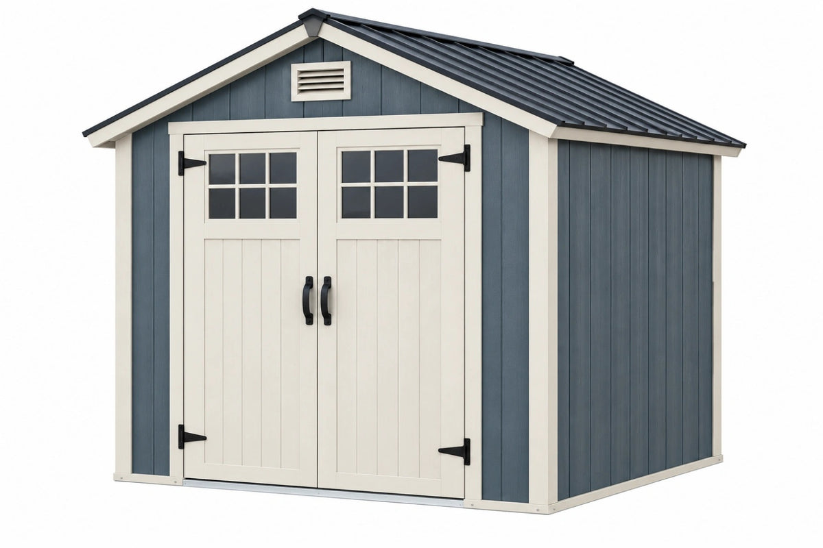 Casetta da giardino 200 x 150 cm in resina blu e beige con doppia porta