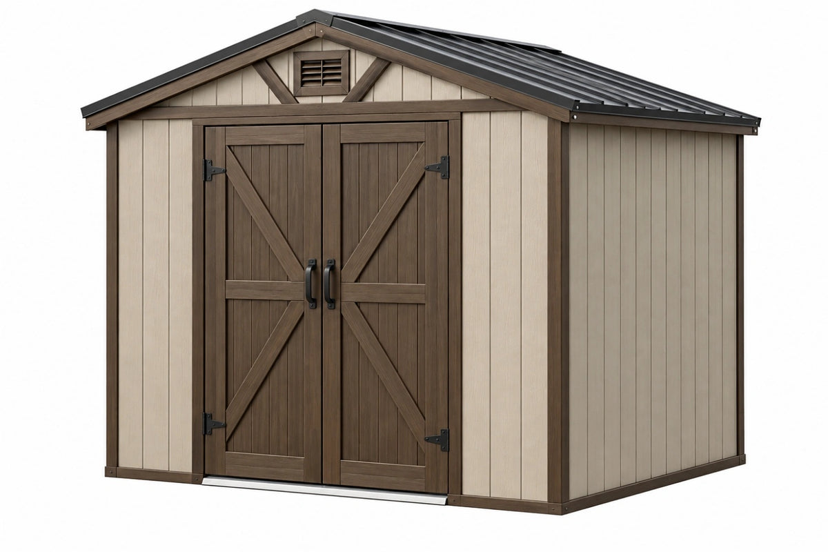 Casetta da giardino 200 x 150 x 190 cm in resina beige e marrone con doppia porta e tetto inclinato
