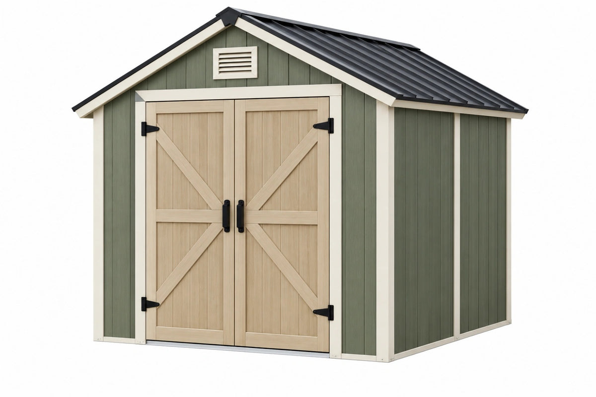 Casetta da giardino 240 x 180 x 220 cm in legno verde e naturale con doppia porta e tetto inclinato